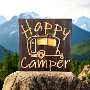 Carved Wood Sign - Camper Sign - Wooden Sign - Camper Decor -  Happy Camper Sign - Engraved Wood Plaque - Unique Gift - RV Sign