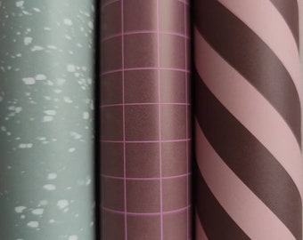 Set of 3 gift wrapping paper, DIN A2. 3 single sheets. 1 sheet each in "snow" mint grey, 1 sheet in brown/pink checks, 1 sheet in pink-chocolate striped