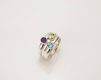 Set of 3 Silver Cocktail Stack Rings with Amethyst, Peridot & Blue Topaz
