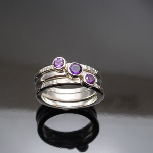 Hand Made Silver Stack Rings Set with Amethyst
