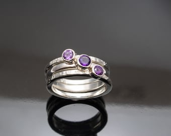 Hand Made Silver Stack Rings Set with Amethyst