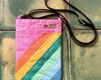 Mini Recycled Crossbody Bag - Small Phone Purse - Rainbow Stripes