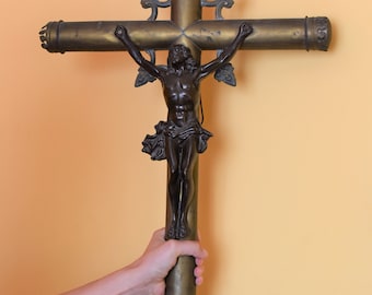 Large Antique Processional Cross: Church Crucifix, Religious Artifact