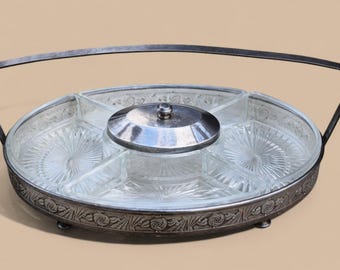French vintage Art Deco Aperitif Server ,Table Center in Silver-Plated Metal and Cut Glass