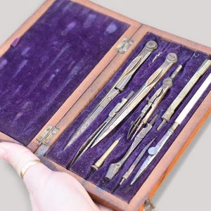 French Antique Set of Drawing Instruments, tools,compass ,boxed Geometry set