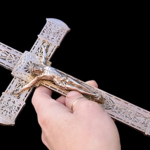 antique Art Nouveau crucifix ornate bronze