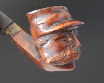 Cabeza de hombre con pipa de madera tallada a mano antigua