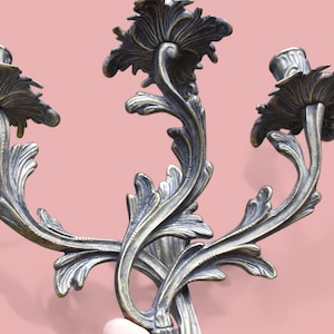 French Antique Bronze Wall-Mounted Candle Holder, Three Candle Sconce, Vintage Wall Decor