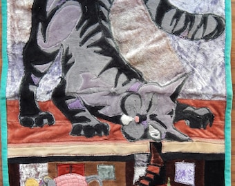 vintage unique Fabric Patchwork: Cat and Mouse,hand made