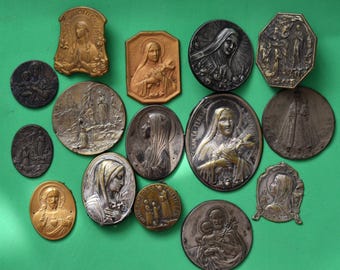 Lot Of 15 Antique French religious medals :St Theresa,Virgin Mary,Jesus Christ,Lourdes.;