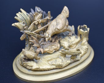 French antique paperweight, pyrogene match holder & candle holder, bronze sculpture: barnyard chicken