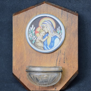vintage religious wall decoration, holy water font with religious picture,home stoup