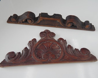 lot of 2 antique carved wood pediments ,hand carved ,furniture deco,19 th Century