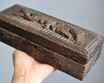 vintage carved wooden glove box ,storage box