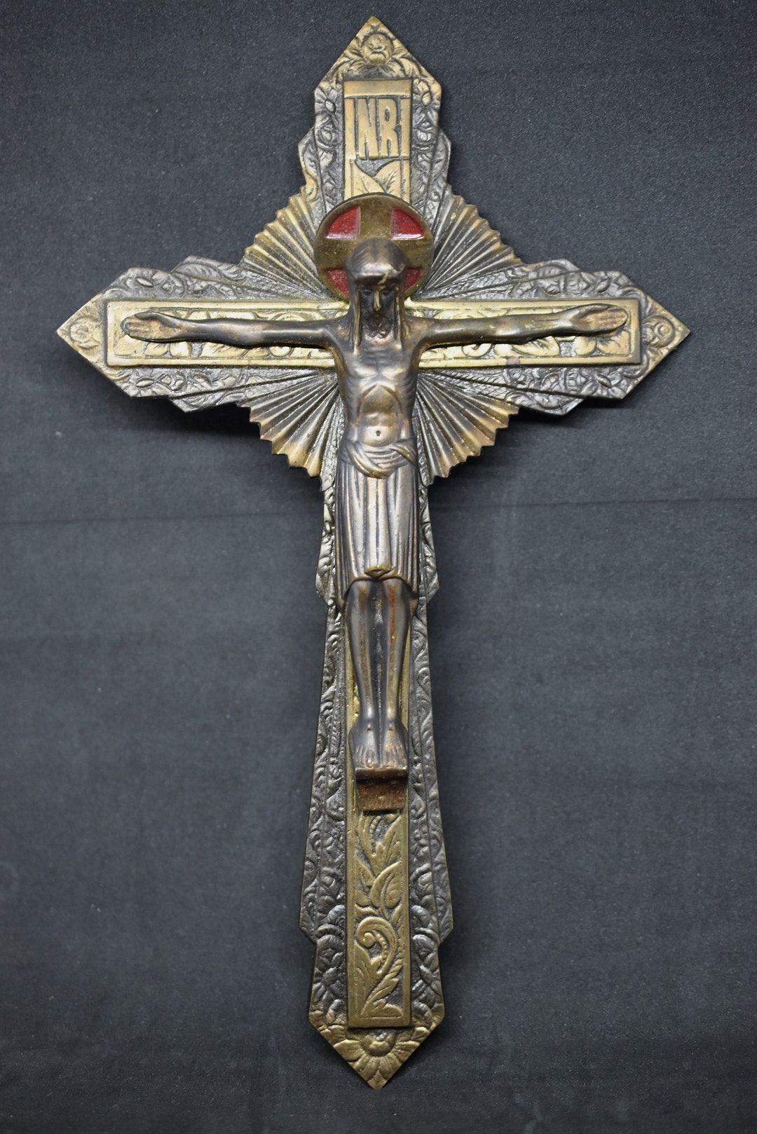 Antique vintage Crucifix Bronze quot have Mercy on Us quot religious Art Etsy