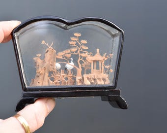 vintage Cork Art Diorama, Miniature carved Cork, Sculpture under glass