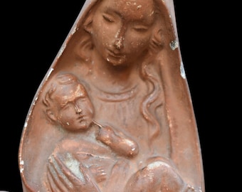 vintage plaster statue of Virgin Mary with child Jesus