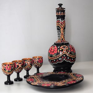 vintage turned wood drinks service, hand painted: decanter, tray and 4 shot glasses (made in Portugal)