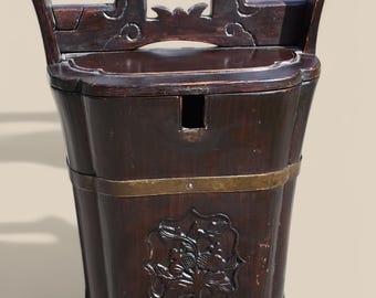 Vintage Chinese Wooden Bucket ,Carved Tea or Rice Storage Box ,Collectible Container,Asian Decor