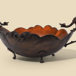 antique copper bowl with dragon-shaped handles, jardiniere,flower pot, planter