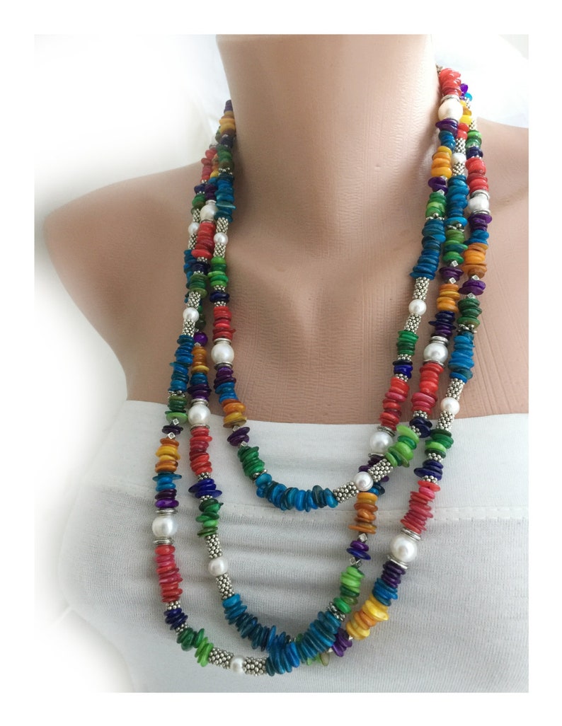 3 Strands Colorful Chip Coral Necklace With Freshwater Pearls - Etsy