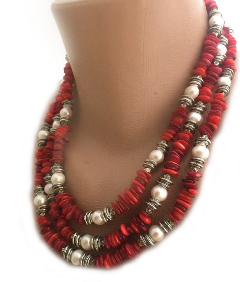 3 Strands Red Mother of Pearl Necklace With Freshwater Pearls Etsy Canada