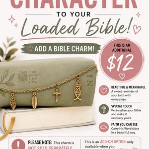 May include: A gold-toned metal chain featuring four dangling charms: two leaves, a cross, and a fish shape with the word JESUS inscribed. The chain is draped across a sage green Bible cover, which is resting on top of a second book with white pages.