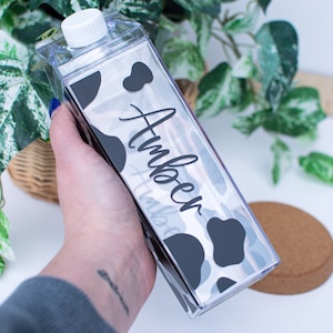 Personalised Cow Print Water Bottle | Custom | Personalise | Name | Cows | Animal Print | Vinyl | Gift | Present | Cold Cup | Milk Carton