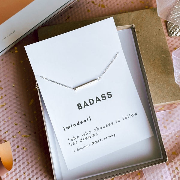Badass woman gift, Bad ass girl jewelry, Silver bar necklace, Going away present, Bridesmaids necklace, Good luck charm, Strong female gifts