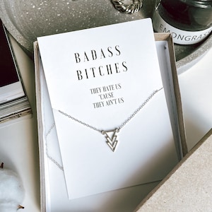 Badass Bitches Gifts, Best friend necklace, Badass tribe jewelry, Silver three triangles charm, Sassy bossy girlfriends trip weekend gifts