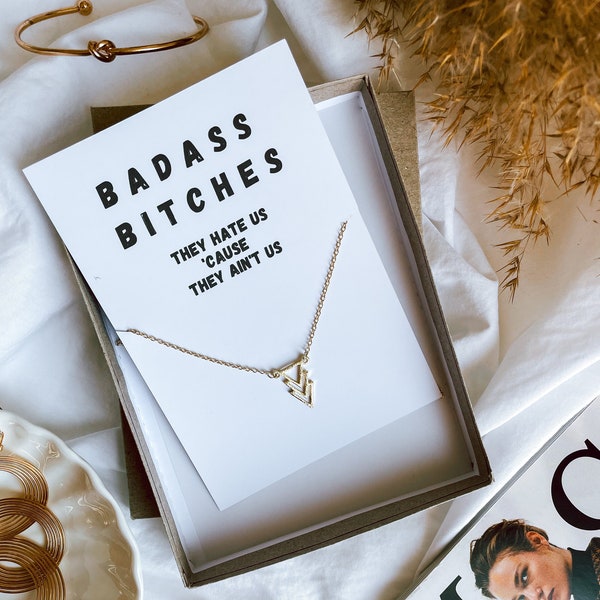 Badass Besties Gifts, Bestfriend necklace, Best bitches jewelry, Funny sayings card, Gold triangles pendant, Bff necklace, Teammates present