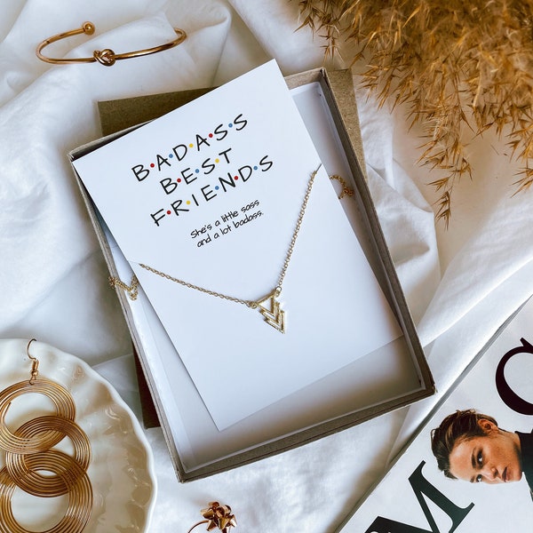 Bitches with hitches gift, Best bitches present,Funny Bestfriend necklace, Bitches get stuff done, Gold triangle, Personalized card keepsake