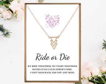 Best friend necklace for women, Gold Triangle pendant, Ride or die quote card, Friendship jewelry for female, Soul sisters gifts for girls