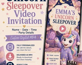 Invitación personalizada en video para pijamada de unicornio, invitación digital personalizada en MP4 para fiesta de pijamas infantil, invitación animada para hija.