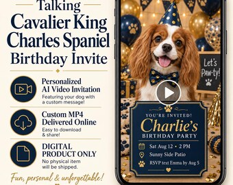 Invitación de cumpleaños con video de un Cavalier King Charles Spaniel parlante, invitación personalizada de cumpleaños para perros, MP4 personalizado para fiestas de mascotas, invitaciones digitales.