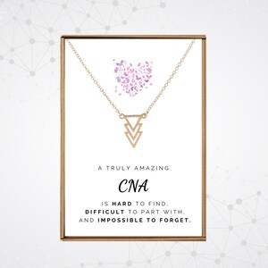 May include: A gold necklace with a triangle pendant in a gift box. The box has a card that reads "A truly amazing CNA is hard to find, difficult to part with, and impossible to forget."