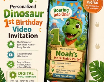 Invitación de video personalizada de dinosaurio parlante para el primer cumpleaños, invitación de cumpleaños infantil personalizada, MP4 digital para fiesta de dinosaurios, rugiendo hacia un hijo