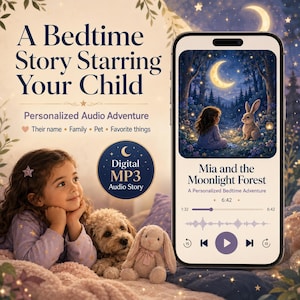Może przedstawiać: Smartfon wyświetla cyfrową opowieść audio w formacie MP3 zatytułowaną Mia and the Moonlight Forest, z ilustracją dziecka i królika pod półksiężycem. Tekst głosi A Bedtime Story Starring Your Child oraz Personalized Audio Adventure.
