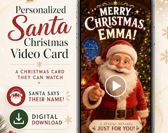Tarjeta de vídeo navideña personalizada de Papá Noel para niños, tarjeta navideña digital personalizada con Papá Noel que habla, regalos de vídeo navideños personalizados para hijos e hijas.