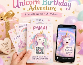 Caccia al tesoro personalizzata a tema unicorno per il compleanno del bambino, caccia al tesoro di compleanno personalizzata, avventura di compleanno stampabile, regalo a tema unicorno con video avventura.