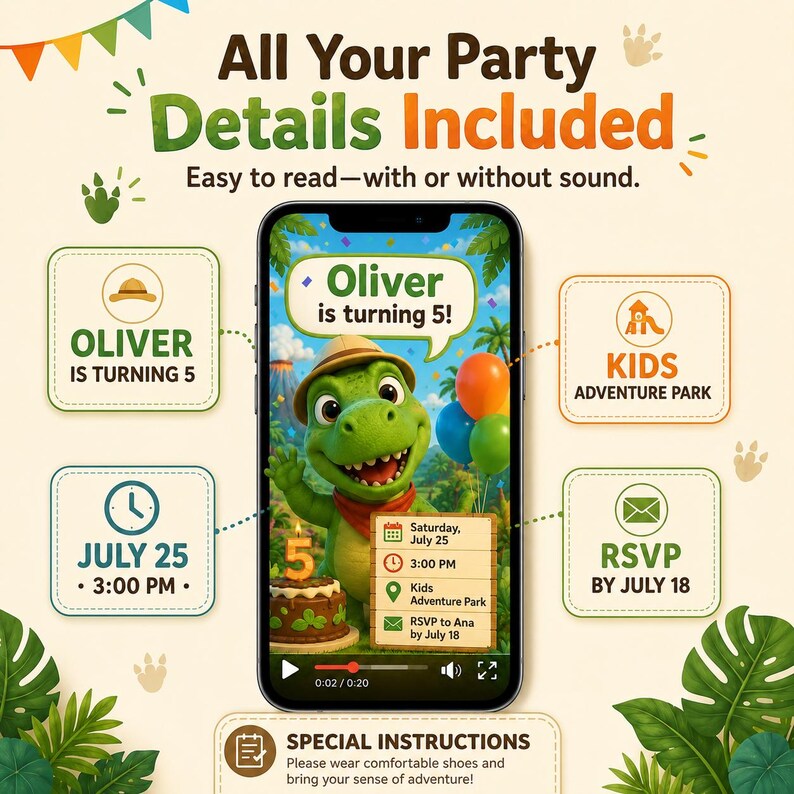 May include: A smartphone screen displays a digital birthday invitation featuring a green cartoon dinosaur wearing a tan hat, holding balloons, and standing next to a cake with a number five candle. Text includes Oliver is turning 5, July 25, 3:00 PM, Kids Adventure Park, and RSVP by July 18.