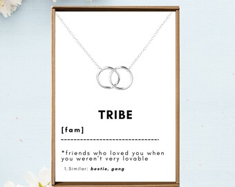 Tribe necklace, Best friends necklaces for 2, Interlocking circle charm woman, Bestie definition card, Girls trip weekend party favors gifts