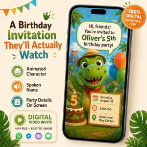 May include: A digital birthday invitation displayed on a smartphone screen featuring an animated green dinosaur wearing a safari hat, a birthday cake with a number five candle, and text stating, Hi, friends! You're invited to Oliver's 5th birthday party!