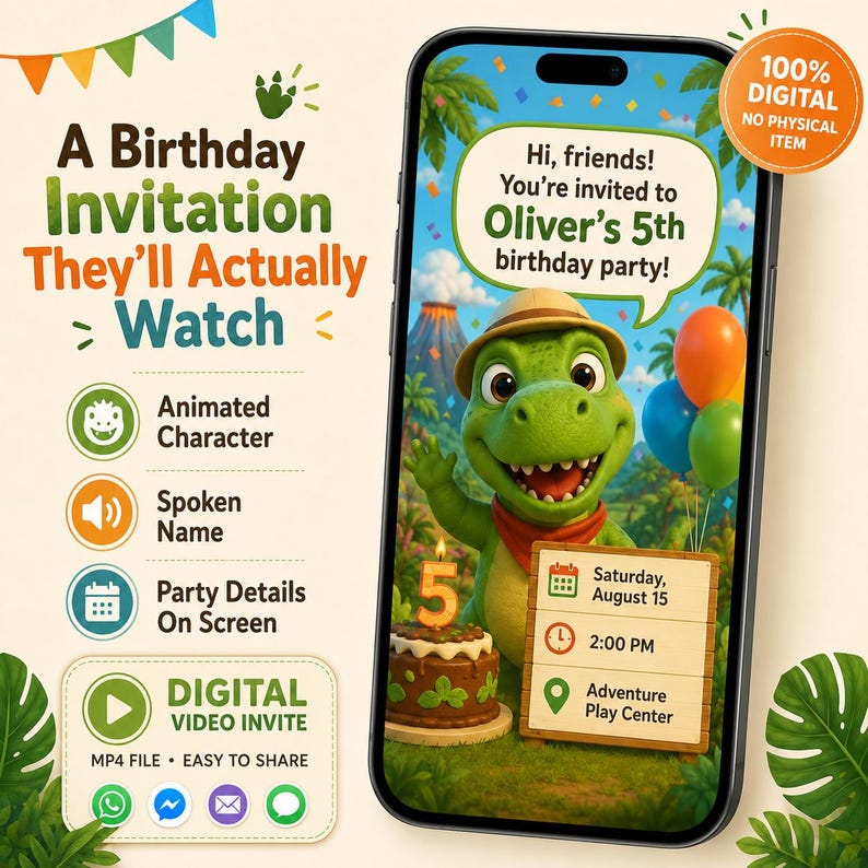 May include: A digital birthday invitation displayed on a smartphone screen featuring an animated green dinosaur wearing a safari hat, a birthday cake with a number five candle, and text stating, Hi, friends! You're invited to Oliver's 5th birthday party!