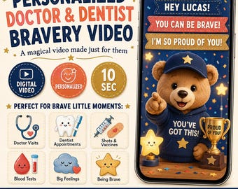 Vídeo personalizado de valentía para niños sobre médicos y dentistas, vídeo de ánimo personalizado, regalos para visitas al médico, ansiedad dental, apoyo para vacunas
