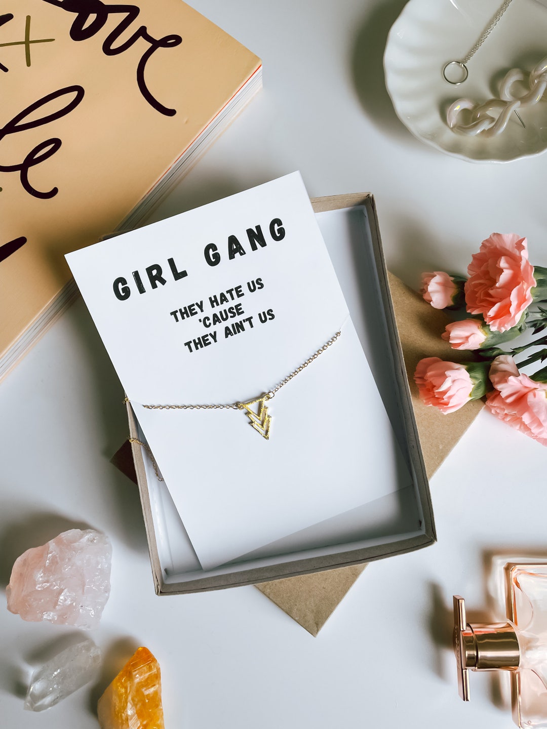 Girl Gang Necklace, Minimalist Jewelry, Gold Triangle Pendant, Sistas