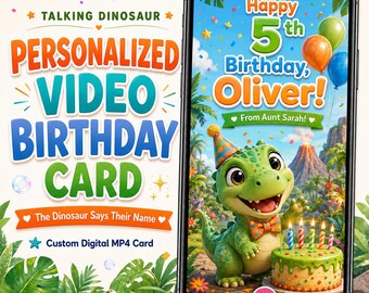Tarjeta de cumpleaños personalizada con vídeo de dinosaurio, mensaje de cumpleaños con dinosaurio que habla, tarjeta digital MP4 personalizada, regalos de cumpleaños personalizados para niños y niños.