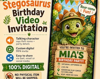 Invitación de video personalizada de cumpleaños de dinosaurio, invitación digital de estegosaurio parlante, MP4 personalizado para fiesta de cumpleaños infantil, invitación de video de dinosaurio