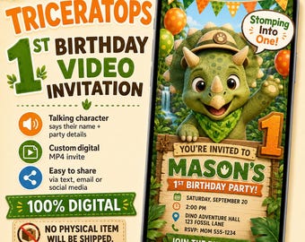 Invitación de video personalizada de cumpleaños de Triceratops, invitación de primer cumpleaños de dinosaurio, invitación digital de dinosaurio parlante, MP4 personalizado para fiesta de cumpleaños de hijo