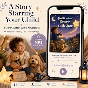 Audiostoria personalizzata per bambini, avventura della buonanotte su misura in formato MP3, storia con protagonista il tuo bambino, regalo digitale per figli e figlie.